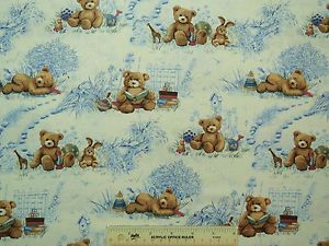Teddy Bears Baby Nursery Toile Toys Kids Boys Blue Cotton Fabric BTY L