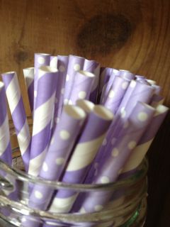 50 Vintage Style Lavender White Polka Dot and Striped Paper Straws Retro