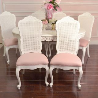 Shabby Cottage Chic Set 6 Dining Chair White Cane Back Pink Linen French Style
