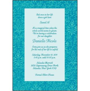 25 Personalized Sweet 16 Party Invitations w Envelopes Blue Vines SW16 2402
