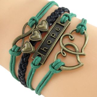 Green Retro Infinity Anchor Loves Charm Leather Suede Wrap Bracelet Black
