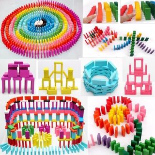 100pcs Wooden Bright Coloured Tumbling Dominoes Games for Kids Play Toy Travel