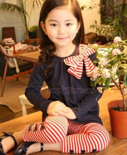 Kids Girls Korean Bowknot Tops Striped Boetie Pants Outfit Set Dress 2 7Y S52