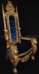 Carved Mahogany King Lion Gothic Throne Chair Gold Paint with Blue Velvet