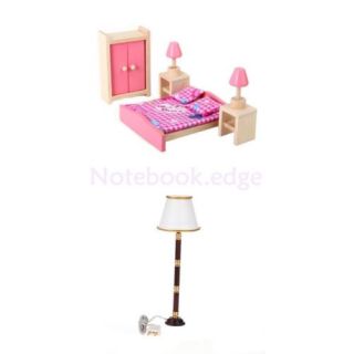 Dollhouse Furniture Wooden Toy Bed Table Lamp Closet Bedroom Set Kitchen Set