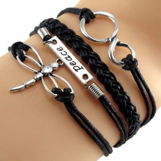 Antique Silver Infinity Power Dragonfly Charm Leather Wrap Bracelet Peace Black