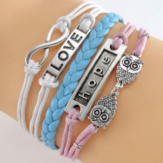 Personality Antique Infinity Power Two Owls Charm Leather Wrap Bracelet Hope Tag
