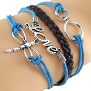 Hot Antique Silver Infinity Power Dragonfly Charm Loop Leather Wrap Bracelet