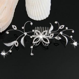 Silver Plated Rhinestone Crystal Butterfly Bride Hair Comb Pin Wedding Party