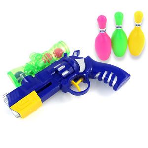 Green Blue Yellow Plastic Bowling Pin Ball Gun Toy Set for Kids