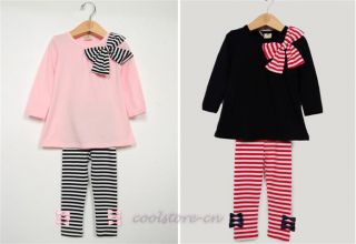 Kids Girls Korean Bowknot Tops Striped Boetie Pants Outfit Set Dress 2 7Y S52