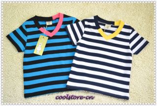 Summer Kids Boys Striped V Neck Peach Cotton Short Sleeve T Shirt Tops T403