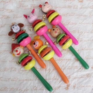 Cute Smiling Face Wooden Jingle Hand Bells Toy for Baby Kids Musical Instrument