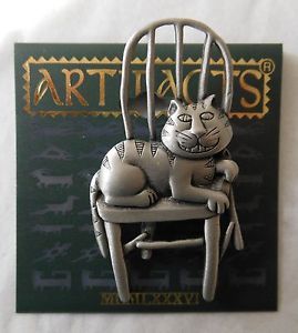 Feline Cat Sitting on Chair Grinning Like A Cheshire Cat Pewter Pin by JJ