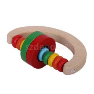Colorful Wooden Multicolor Ring Rattle Bell Kids Toy with Cambered Handle New