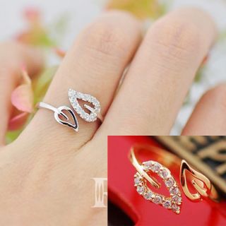 Fashion Ladies Girl Cute Lovely Crystal Alloy Graceful 2 Leaves Elegant Ring SI