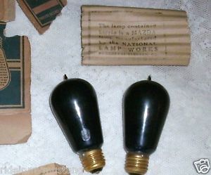 2 Antique GE National Mazda Tipped Light Bulbs Packard Lamp Squirrel Cage 1900s
