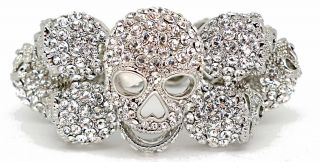 Butler Wilson Silver Crystal Wide Skull Bracelet