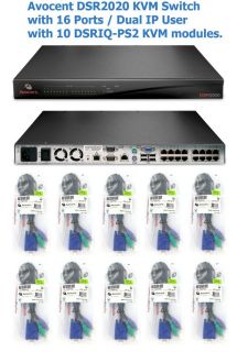 Avocent DSR2020 16 Port Dual Users KVM Over IP Switch with 10x DSRIQ PS2 Modules