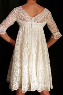 Sz XS Vtg 70s White Floral Lace Train Ultra Mod Wedding Empire Mini Dress