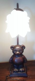 Vintage Figural Brass Bronze Teddy Bear Lamp Light Ruffled Victorian Shade Cute