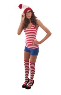 Wally Girl Sexy Fancy Dress Costume Complete Outfit Stripey Hat Tshirt Glasses
