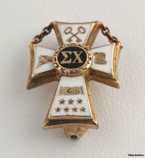 Vintage Sigma Chi Fraternity Badge 10K Yellow Gold Cross Box Pin Greek 1945
