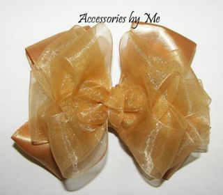 Quick SHIP Bow Gold Organza Satin Girls Hair Accessory Bridal Party Pageant