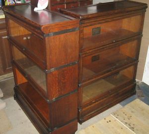 Pair Mission Arts Crafts Globe Wernicke Stacking Oak Barrister Bookcases