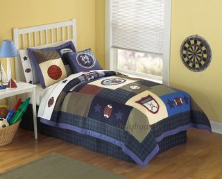 Kids Blue Sport Match Twin Quilt w Pillow Sham Bed Set