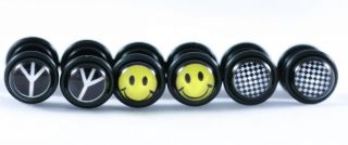 16g Smiley Face Checkered Peace Sign Fake Cheater Ear Plugs Earrings Look 0g 8mm