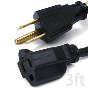 3 ft Power Extension Cord 16AWG Gauge Black Electrical Cable 3 Prong New