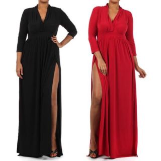 Plus Size 1x 2X 3X Dress Womens Long Sleeve Solid Double Slit Thigh Maxi V Neck
