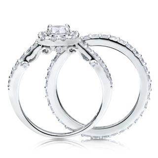 Sterling Silver 925 Round Cubic Zirconia CZ Halo 2pcs Bridal Ring Set Size 4