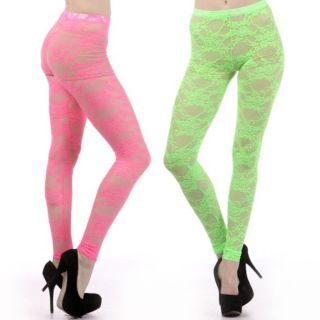S M L Leggings Neon Lace Floral Lingerie Style See thru Full Long Length Sexy