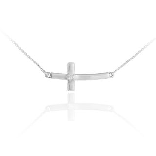 14k White Gold Sideways Small Curved Diamond Cross Pendant Necklace