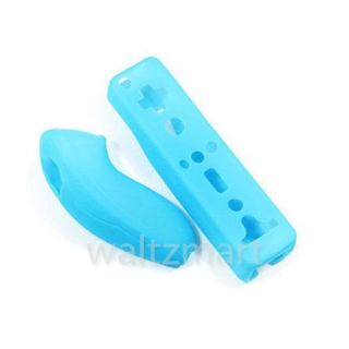 Blue Remote Nunchuck Controller Silicone Case Cover Soft Gel Skin for Wii