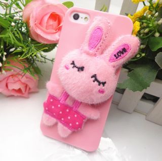 Pink Cotton Lovely Soft Puzzled Eye Rabbit Bunny Warm Case Cover for iPhone 5 5S
