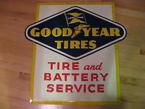 Vintage 1950 Goodyear Tires Embossed Metal Service Gas Oil Station Sign Wingfoot