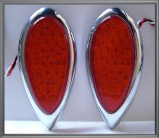 2 Ford Red LED Tail Brake or Turn Signal Lights w Chrome Metal Tear Drop Bezels