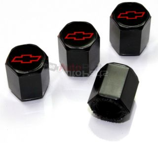 4 Chevrolet Red Bowtie Logo Black ABS Tire Wheel Stem Air Valve Caps Covers