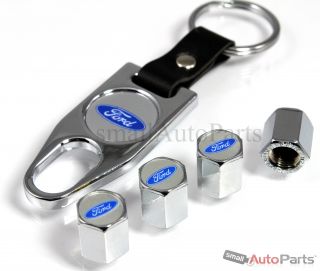 Ford Blue Logo Chrome Tire Wheel Stem Air Valve Caps Wrench Key Chain Gift Set