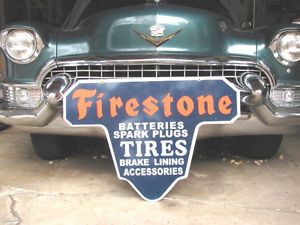 Firestone Tires Spark Plugs Batteries Brake Lining Large Porcelain Sign