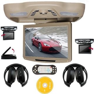 Tan 12 1" LCD Car Roof Mount DVD Player TV IR FM SD USB Games Speaker Headphones
