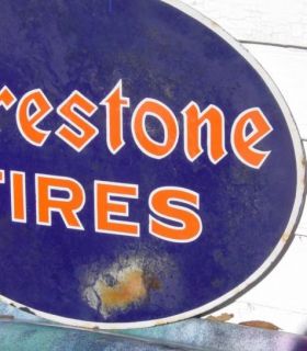 Old Original Porcelain Firestone Tires Flange Sign 21"w as Found