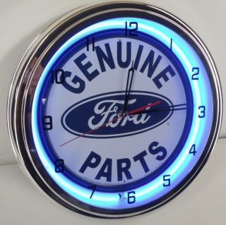 Ford Parts 15" Neon Chrome Clock Oval Dealer Emblem Logo Garage Hot Rat Rod Sign