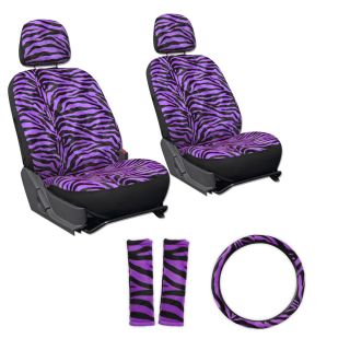 9 PC Zebra Print Purple Front Bucket Car Seat Cover Set Wheel Belt Pad Head Rest