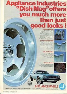 1975 Appliance Industries Custom Dish Mag Wheel Ad w Chevrolet Chevy Camaro