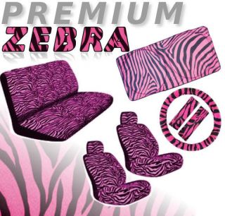 Pink Zebra 12pc Safari Car Seat Covers Pair Bench Steering Wheel Sunshade CS3