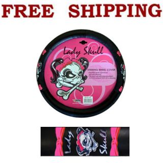 Pink Bow Lady Skull Synthetic Leather Steering Wheel Cover Fit Kia